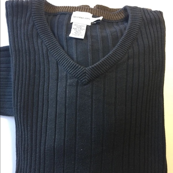Calvin Klein CK Ribbed Men Sweater V-Neck Navy Large 100% Cotton Brown - Picture 6 of 10